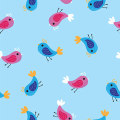 Pink and blue birds pattern background. Seamless pattern colored birds on blue background.