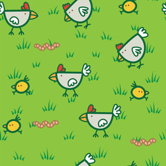 Pattern chickens walking on green grass and pecking worms background. Chicken pattern background.