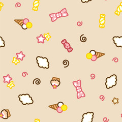 Multicolored candy, ice cream, cake, star and cloud doodle pattern.