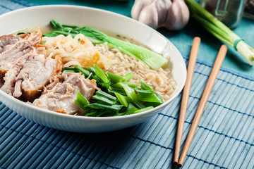 Ramen. Japanese noodle soup with pork