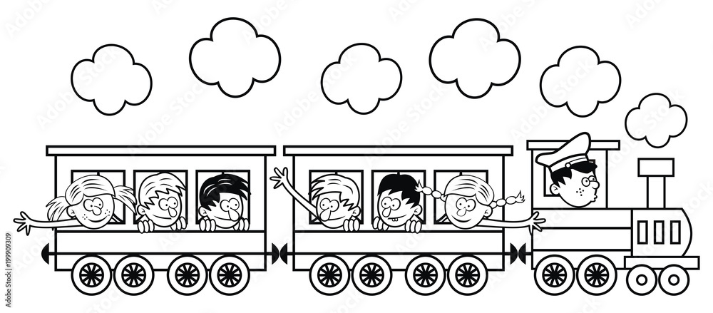 Wall mural The train with children is going on a trip. Vector illustration, coloring page