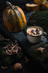 Pumpkin soup with honey agarics in the mug. Rustic still life food with autumn decoration on wooden background