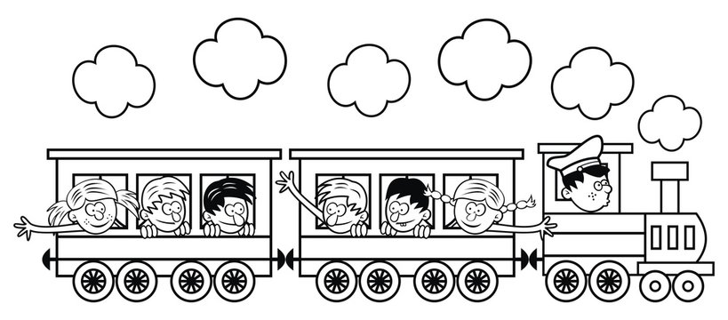 The train with children is going on a trip. Vector illustration, coloring page