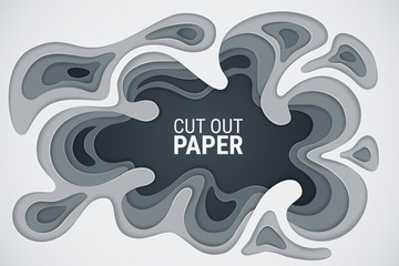 Paper cut. Layer carving art. Origami template. 3D effect. White, gray and dark gray wavy layers with a shadow and glare. Vector abstract background. Smooth geometric lines. Material design concept.