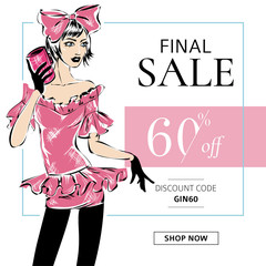 Fashion summer sale banner with teen fashion girl, online shopping social media ads web template with beautiful teenager girl. Vector illustration