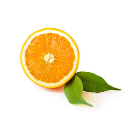 Fresh orange slice with leaves isolated on white background. Orange fruit.