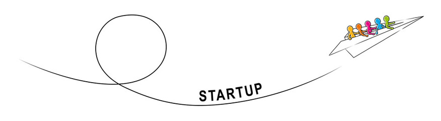 STARTUP – Eine Gruppe Strichmännchen fliegt im Papierflieger aufwärts