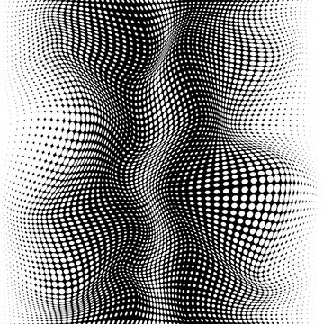 Halftone texture. Black dots warp effect. Halftone black and white vector illustration