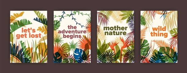 Bundle of poster templates with colorful translucent leaves of tropical jungle plants and inspiring slogans. Set of flyers with bright colored foliage of exotic palm trees. Modern vector illustration.