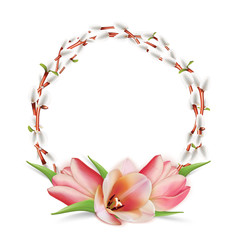 Round template with Bouquet of tulips and willow twigs. 3D illustration