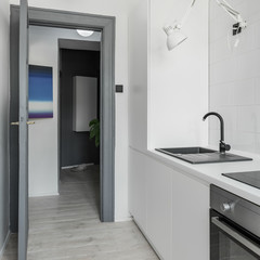 Gray and white kitchen