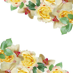 Beautiful floral background of yellow roses and orchids 