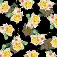 Beautiful floral background of yellow roses and orchids 