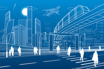 Monorail bridge across the highway. Urban infrastructure, modern city on background, industrial architecture. People walking. White lines illustration, night scene, vector design art 