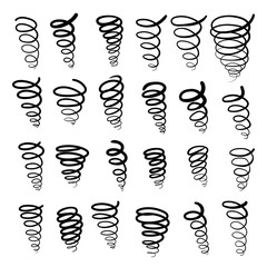 Hand drawn tornado line sketch set. Scribble cyclone doodle note mark design element. Pencil or pen graffiti typhoon scribble, spiral draft. Vector illustration.