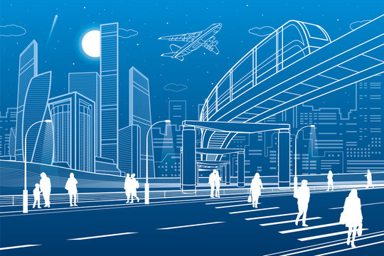 Monorail bridge across the highway. Urban infrastructure, modern city on background, industrial architecture. People walking. White lines illustration, night scene, vector design art 