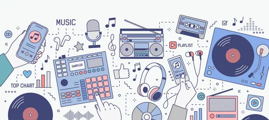 Poster Horizontal banner with hands and various devices for music playing and listening - mobile application on smartphone, player, boombox, radio, microphone, earphones. Modern vector illustration. © Good Studio