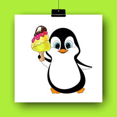 Cartoon penguin with ice cream isolated on white. Hand drawn vector illustration. Doodle art. Colorful yummy dessert and cute character. Element for poster, banner, menu, label, flyer, sticker, card