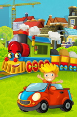 Cartoon funny looking steam train going through the city and kid driving in toy car in front of it - illustration for children