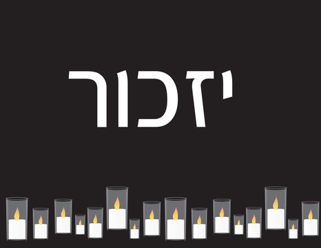 Israel memorial day banner. Hebrew text IZKOR and Memorial Candles on black background