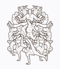 Group of people dancing, Dancer dance together, Street dance outline graphic vector
