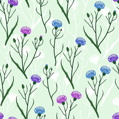 Seamless vector floral pattern. Floral background of lilac and blue cornflowers with plant shadows in the background.