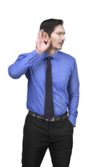 Portrait of asian businessman with hand behind ear