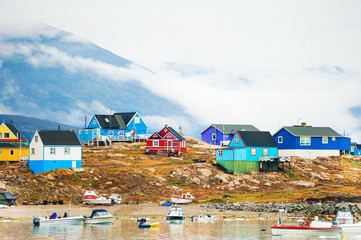 Fototapeta na wymiar Colorful houses in Saqqaq village, Greenland