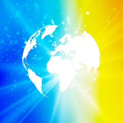 abstract world globe, planet earth with starburst on blue yellow background