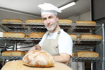 Przystojny piekarz z bochenkiem świeżego chleba stoi w piekarni. - obrazy, fototapety, plakaty