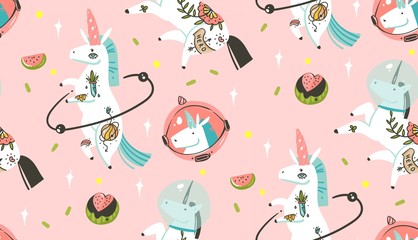 Hand drawn vector abstract graphic creative cartoon illustrations seamless pattern with cosmonaut unicorns with old school tattoo and watermelon in cosmos isolated on pastel pink background