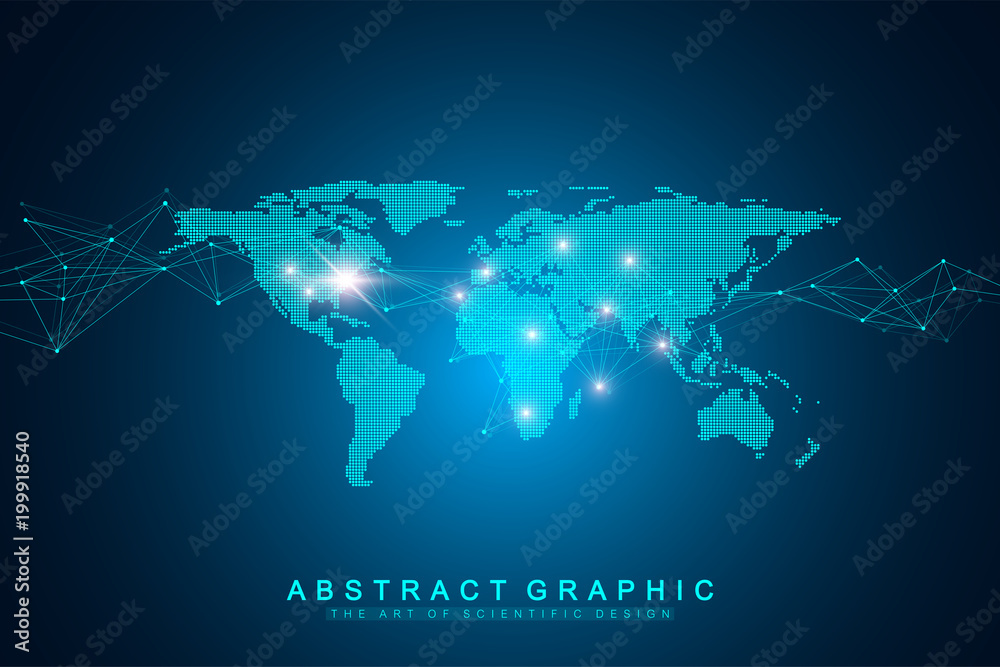 Aufkleber World map point with global technology networking concept. Digital data visualization. Lines plexus. Big Data background communication. Scientific vector illustration.