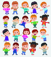 Cartoon character boys and girls. Set with different postures, attitudes and poses, always in negative attitude, doing different activities. Vector illustrations.