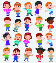Cartoon character boys and girls. Set with different postures, attitudes and poses, doing different activities. Vector illustrations.