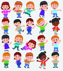 Cartoon character boys and girls. Set with different postures, attitudes and poses, always in positive attitude, doing different activities. Vector illustrations.