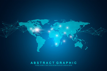 World map point with global technology networking concept. Digital data visualization. Lines plexus. Big Data background communication. Scientific vector illustration.