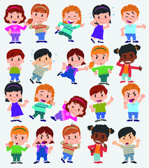 Cartoon character boys and girls. Set with different postures, attitudes and poses, doing different activities. Vector illustrations.