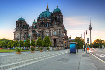 Architecture of the Berlin Cathedral at sunrise, Germany