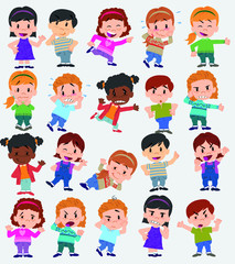 Cartoon character boys and girls. Set with different postures, attitudes and poses, doing different activities. Vector illustrations.