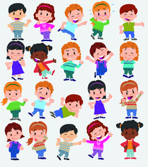 Cartoon character boys and girls. Set with different postures, attitudes and poses, always in positive attitude, doing different activities. Vector illustrations.