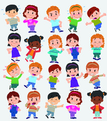 Cartoon character boys and girls. Set with different postures, attitudes and poses, doing different activities. Vector illustrations.