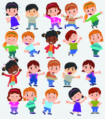 Cartoon character boys and girls. Set with different postures, attitudes and poses, doing different activities. Vector illustrations.