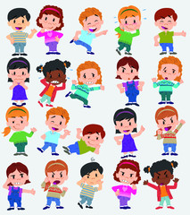Cartoon character boys and girls. Set with different postures, attitudes and poses, doing different activities. Vector illustrations.