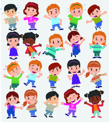Cartoon character boys and girls. Set with different postures, attitudes and poses, doing different activities. Vector illustrations.