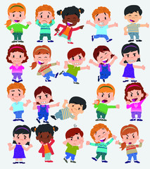 Cartoon character boys and girls. Set with different postures, attitudes and poses, doing different activities. Vector illustrations.