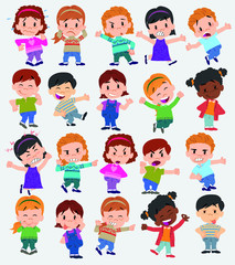 Cartoon character boys and girls. Set with different postures, attitudes and poses, doing different activities. Vector illustrations.