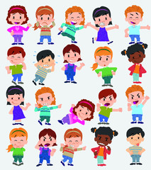 Cartoon character boys and girls. Set with different postures, attitudes and poses, doing different activities. Vector illustrations.