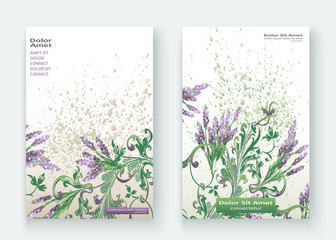 Lavender floral pattern cover design. Hand drawn baroque flower. Elegant trendy background blossom greenery branche. Graphic illustration wedding, invitation, poster, card, cover, catalog vector