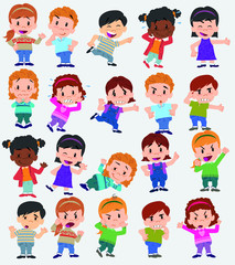 Cartoon character boys and girls. Set with different postures, attitudes and poses, doing different activities. Vector illustrations.