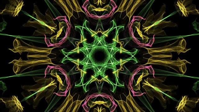 Live multicolored variegated fractal mandala, video tunnel on black background. Animated symmetric patterns for spiritual and meditation training, pleasure and harmony obtaining